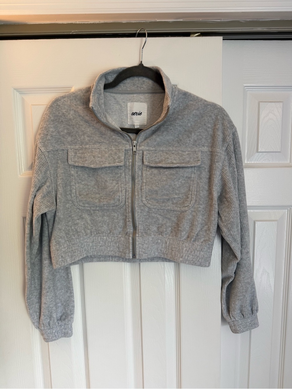 aerie Light Gray Cropped Zip-Up Sweater Jacket - Picture 1 of 1